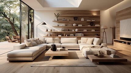 Interior of modern living room with bookshelf, sofa and plant