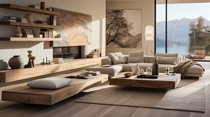 Fototapeta na wymiar Modern luxury spacious penthouse living room interior design with comfortable sofa, coffee table