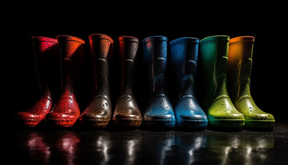 Multi colored rubber boots in a row on wet black background generated by AI