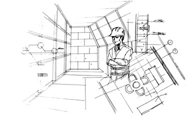 construction drawings and engineers ,a line drawing Using interior architecture, assembling graphics, working in architecture, and interior design