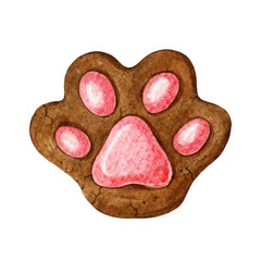 Gingerbread cat paw shape cookie. Watercolor illustration. Hand painted sweet biscuit treat kitty paw shape element. Isolated on white background