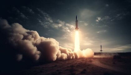 Futuristic spaceship flies through dark sky towards galaxy exploration generated by AI