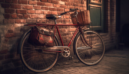 Old fashioned bicycle with basket leans against brick wall in city generated by AI