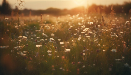 Vibrant wildflowers bloom in idyllic meadow at sunset, nature beauty generated by AI