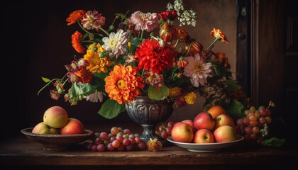 Obraz na płótnie Canvas Rustic still life composition vase of fresh flowers and fruit generated by AI