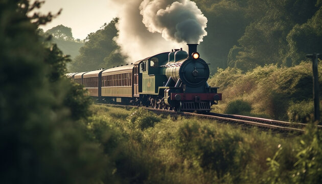 Antique locomotive powers through rural forest on steel railroad tracks generated by AI