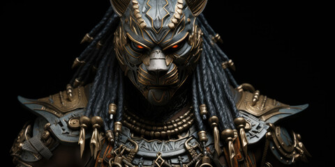  fierce african tribe warrior wearing hyena mask with samurai armor, wallpaper background image