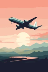 Fotobehang Vector vacation retro style poster with airplane flying over river and mountains at sunset or sunrise © Anastasiia