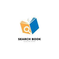 Book logo and magnifying glass. Unique bookstore and search logo design template.