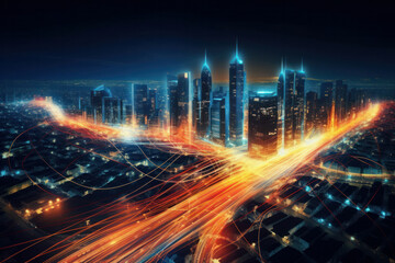Fototapeta premium Smart digital city with high speed light trail 