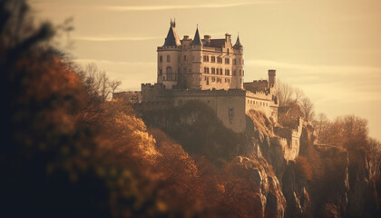 Fototapeta premium Majestic gothic architecture illuminates the old French ruin at dusk generated by AI
