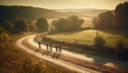 A group of men and women cycling through a rural landscape generated by AI