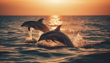 Fototapeta premium Playful dolphins jumping in the blue sea at sunset generated by AI