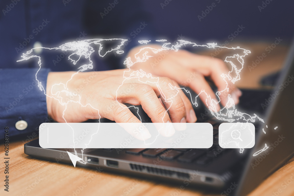 Aufkleber User working with a laptop computer on the table. Search engine optimization of the internet with the search bar. Best SEO technology networking, Searching browsing internet data information concept.