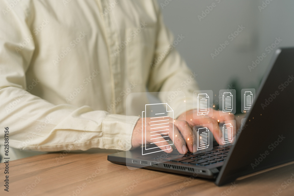Aufkleber Businessman use a computer laptop to manage digital documents, document management concepts, online document database and digital file storage, database technology, and recording software.