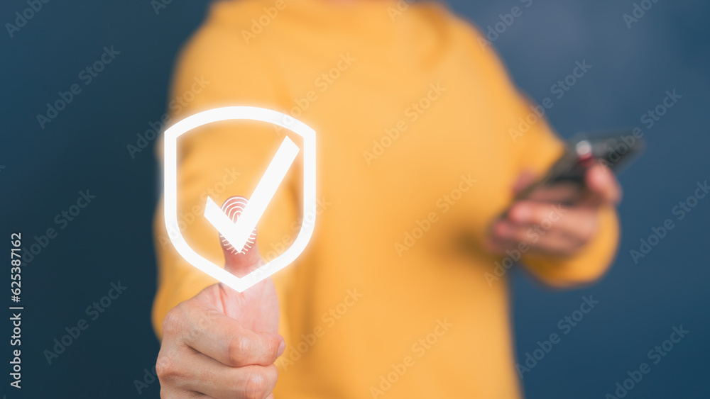 Leinwandbilder Customer is pressing identity proofing icon for security protection systems on virtual screen. Quality assurance of business services. Certified guarantee approval or secure access system concept.