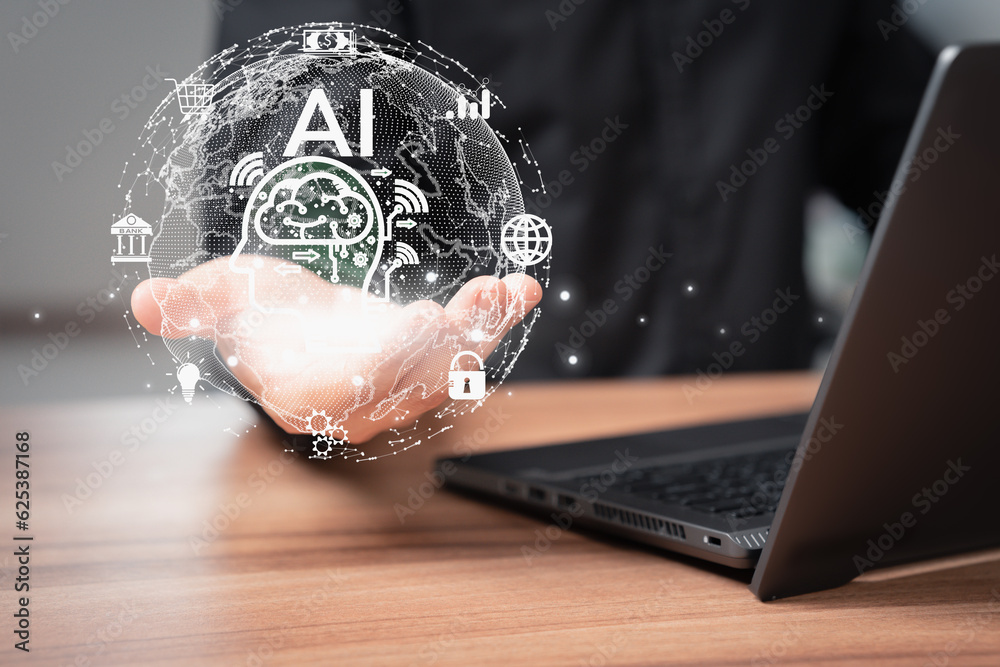 Poster businessman hand holding virtual global internet technology ai. global internet connect application 