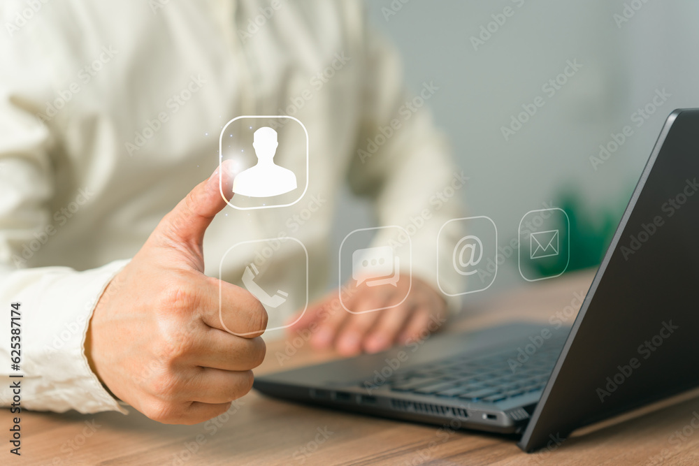 Poster client use a computer laptop with a virtual screen for user, apps phones, email, addresses, and chat