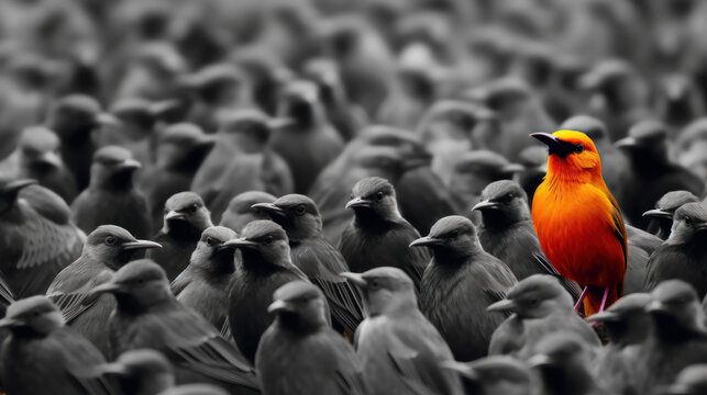 Standing out from the crowd , red bird standing between man black birds, Generative AI