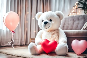 white teddy bear sitting on a sofa with balloon generated by AI tool 