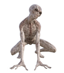 Grey alien on transparent background, 3d render