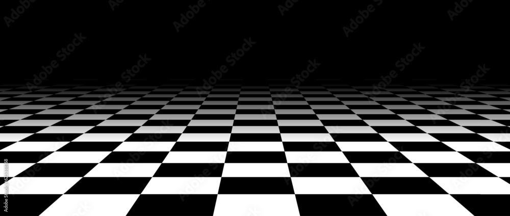 Poster Black and white checkered tile floor fading in perspective. Abstract checkerboard texture landscape. Vanishing horizontal chessboard plane surface. Dark empty room background. Vector illustration