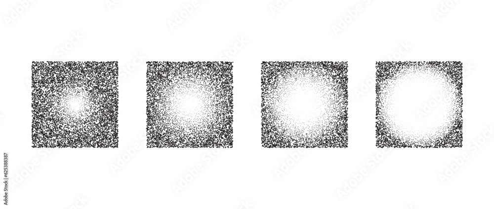 Poster Fading square gradient set. Black dotted texture element collection. Stippled shade object pack. Noise grain dotwork shapes. Radial halftone effect illustrations bundle. Vector illustration