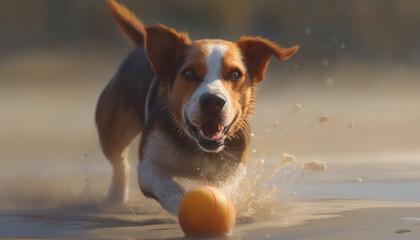 Cute terrier puppy playing with yellow ball in summer sunlight generated by AI