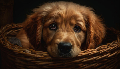 Cute puppy sitting in basket, fluffy spaniel looking at camera generated by AI