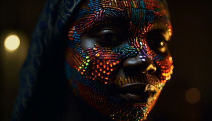 Vibrant young adults illuminated in futuristic beauty, looking at camera generated by AI