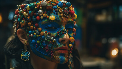 Vibrant young adults celebrate traditional festival with colorful face paint generated by AI