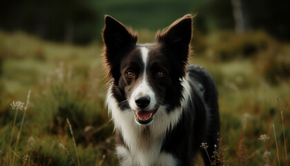 Fototapeta premium Cute purebred puppy sitting in grass, looking at camera happily generated by AI
