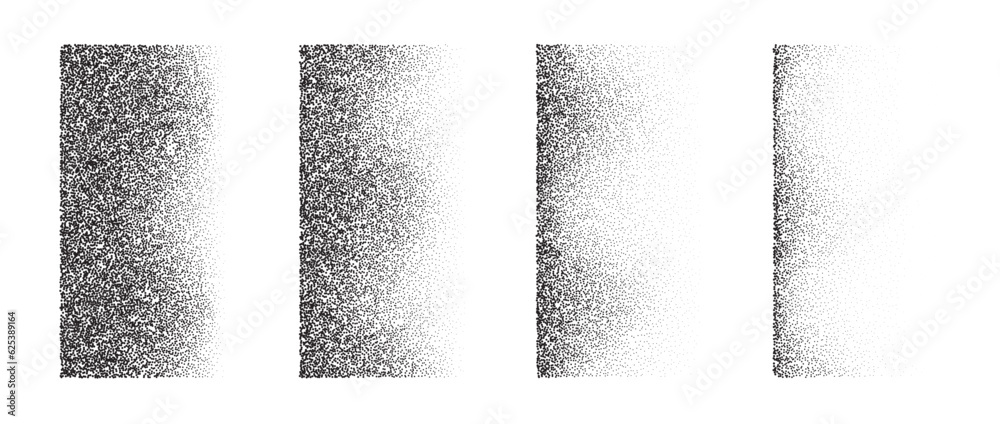 Poster Set of fading wavy rectangular gradients. Black dotted texture element collection. Stippled shade object pack. Noise grain dotwork shapes. Vanishing halftone effect illustrations bundle. Vector