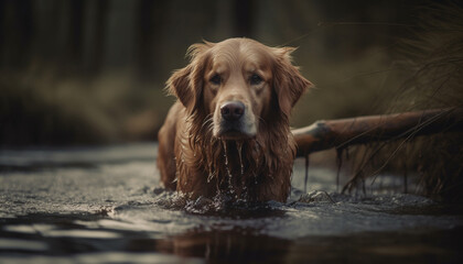 Cute puppy sitting in wet grass, looking at camera outdoors generated by AI