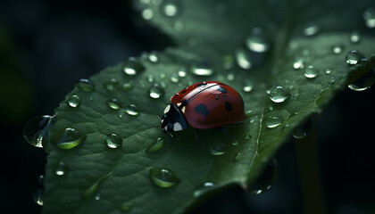 Obraz premium Vibrant ladybug spotted on dewy green leaf in tranquil meadow generated by AI
