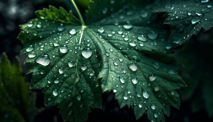 Fresh green leaf with dew drop, nature vibrant beauty in summer generated by AI - obrazy, fototapety, plakaty