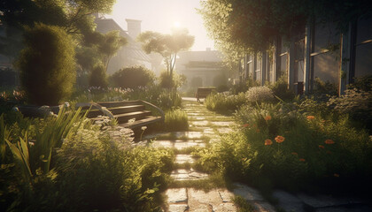 Tranquil footpath through formal garden showcases beauty in nature design generated by AI