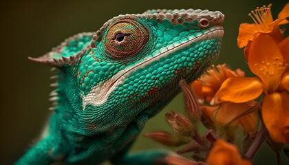 Obraz premium Green lizard scales patterned with multi colored beauty in nature generated by AI