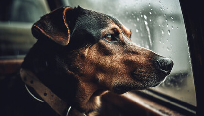Cute puppy looking through wet window, nature reflection in background generated by AI