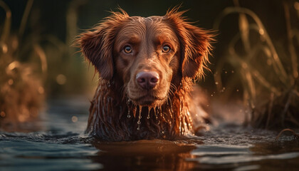 Golden retriever playing in wet grass, loyal friend in rain generated by AI