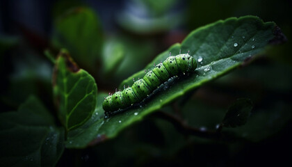 Caterpillar crawling on green leaf, macro close up, nature growth generated by AI