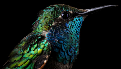 Fototapeta premium Green iridescent hummingbird perching on branch, majestic beauty in nature generated by AI