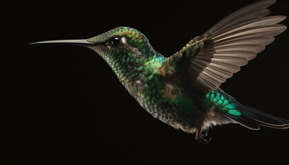 Fototapeta premium Hovering hummingbird spreads iridescent wings in mid air, pollinating nature beauty generated by AI