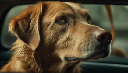 Cute puppy sitting in car, looking at camera with loyalty generated by AI