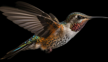Fototapeta premium Hovering hummingbird spreads iridescent wings in mid air portrait generated by AI
