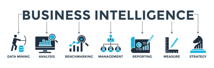 Business intelligence banner web icon vector illustration concept with icon of data mining, analysis, benchmarking, management, reporting, measure, and strategy