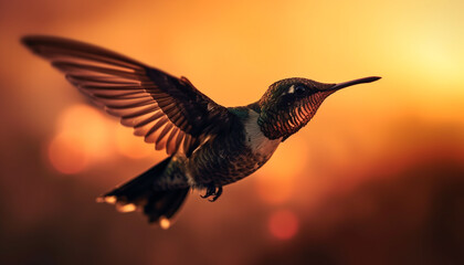 Obraz premium Hovering hummingbird spreads iridescent wings in tranquil sunset scene generated by AI