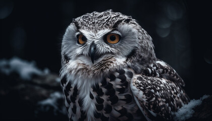 Obraz premium Great horned owl perching on snowy branch, staring with focus generated by AI
