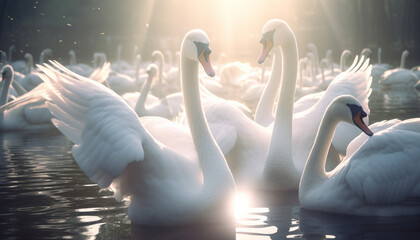 Tranquil scene of swans swimming in a beautiful pond reflection generated by AI