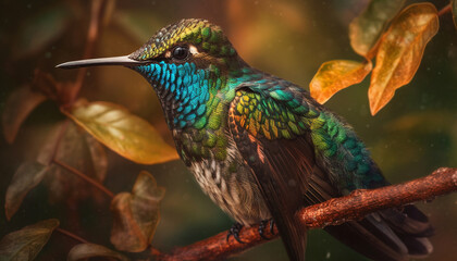Obraz premium Vibrant hummingbird perching on green branch, selective focus on foreground generated by AI